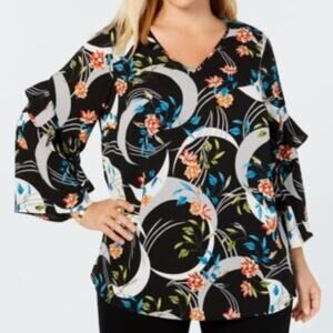 Alfani Floral Printed Flounce Sleeves Top-OX